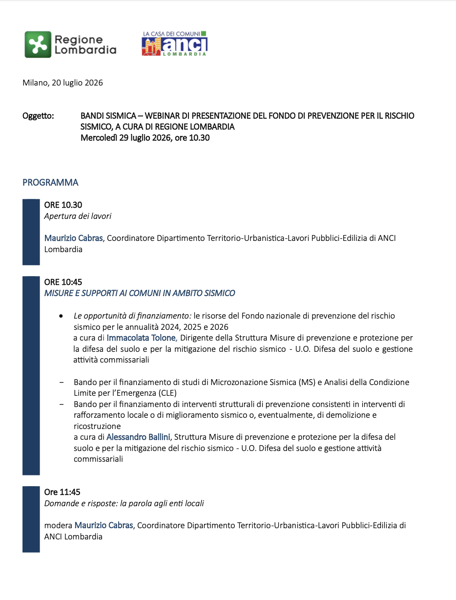 Bandi sismica - Webinar di presentazione del fondo di prevenzione per il rischio sismico